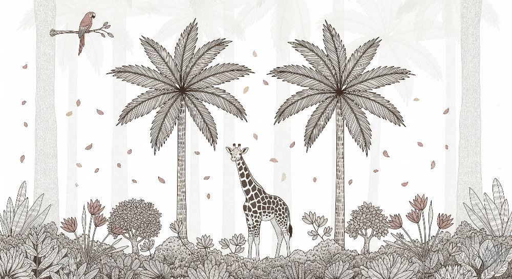 Detailed tropical giraffe and jungle foliage mural wallpaper design pattern by Kids-Mundo