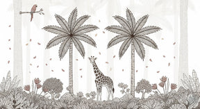 Detailed tropical giraffe and jungle foliage mural wallpaper design pattern by Kids-Mundo