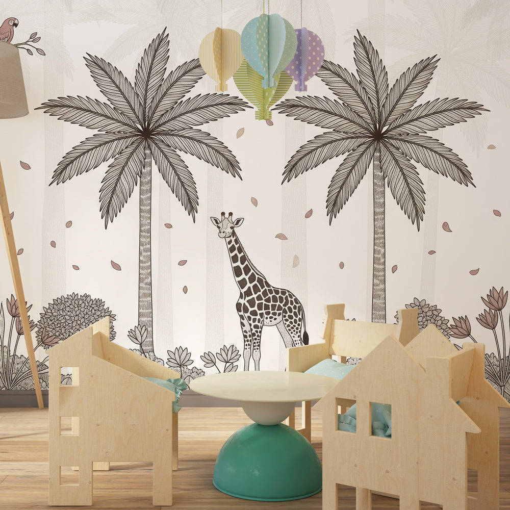 Nature-inspired giraffe wallpaper transforming children's room into tropical paradise