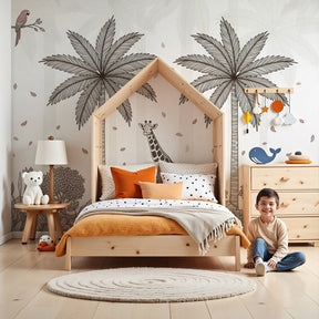 Tropical giraffe mural wallpaper creating safari-themed nursery decor by Kids-Mundo