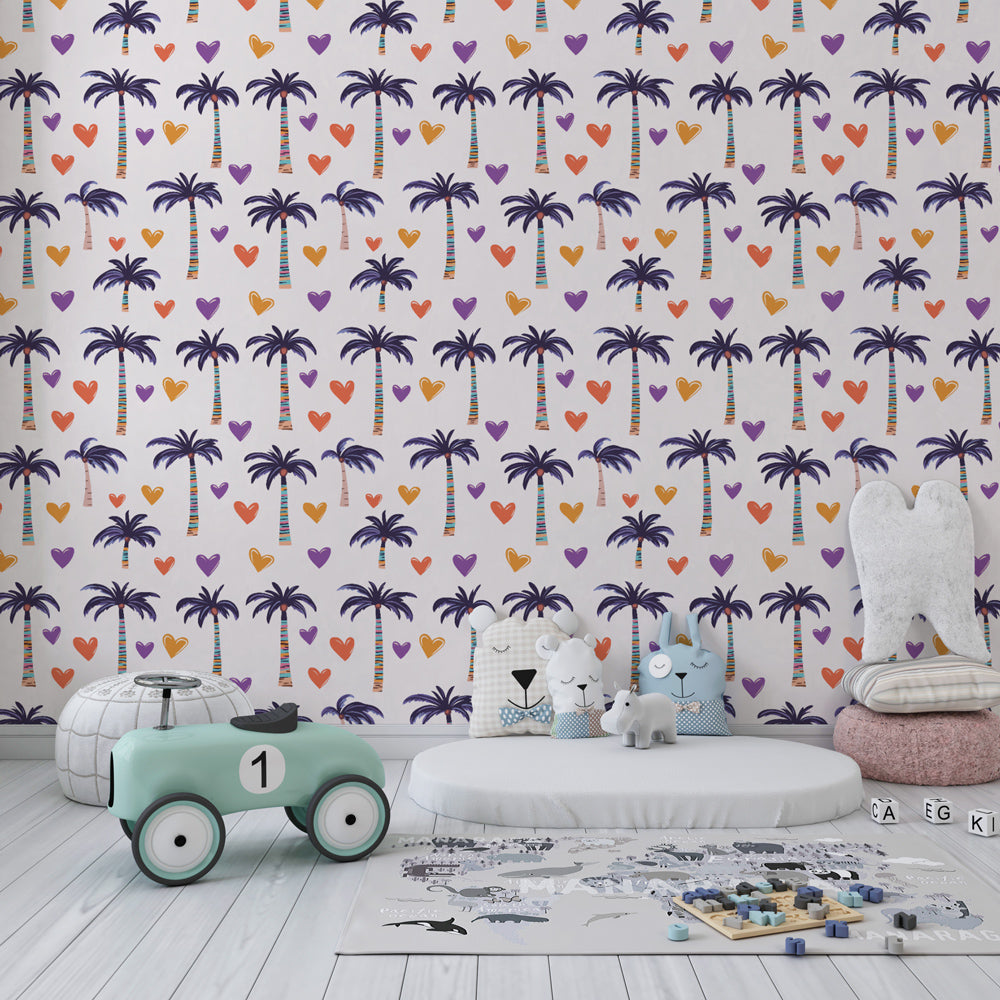 Colorful palm tree wallpaper creating playful kids bedroom decor with multicolored hearts