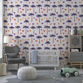 Vibrant tropical wallpaper transforming children's playroom with palm trees and hearts