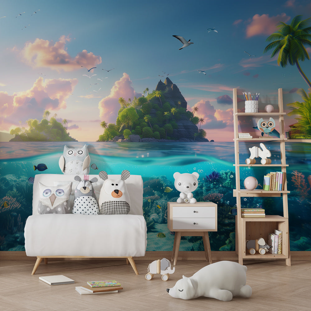 Vibrant coral reef wallpaper creating tropical paradise in kids bedroom decor