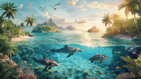 Detailed tropical island mural wallpaper design pattern with dolphins and sunset by Kids-Mundo