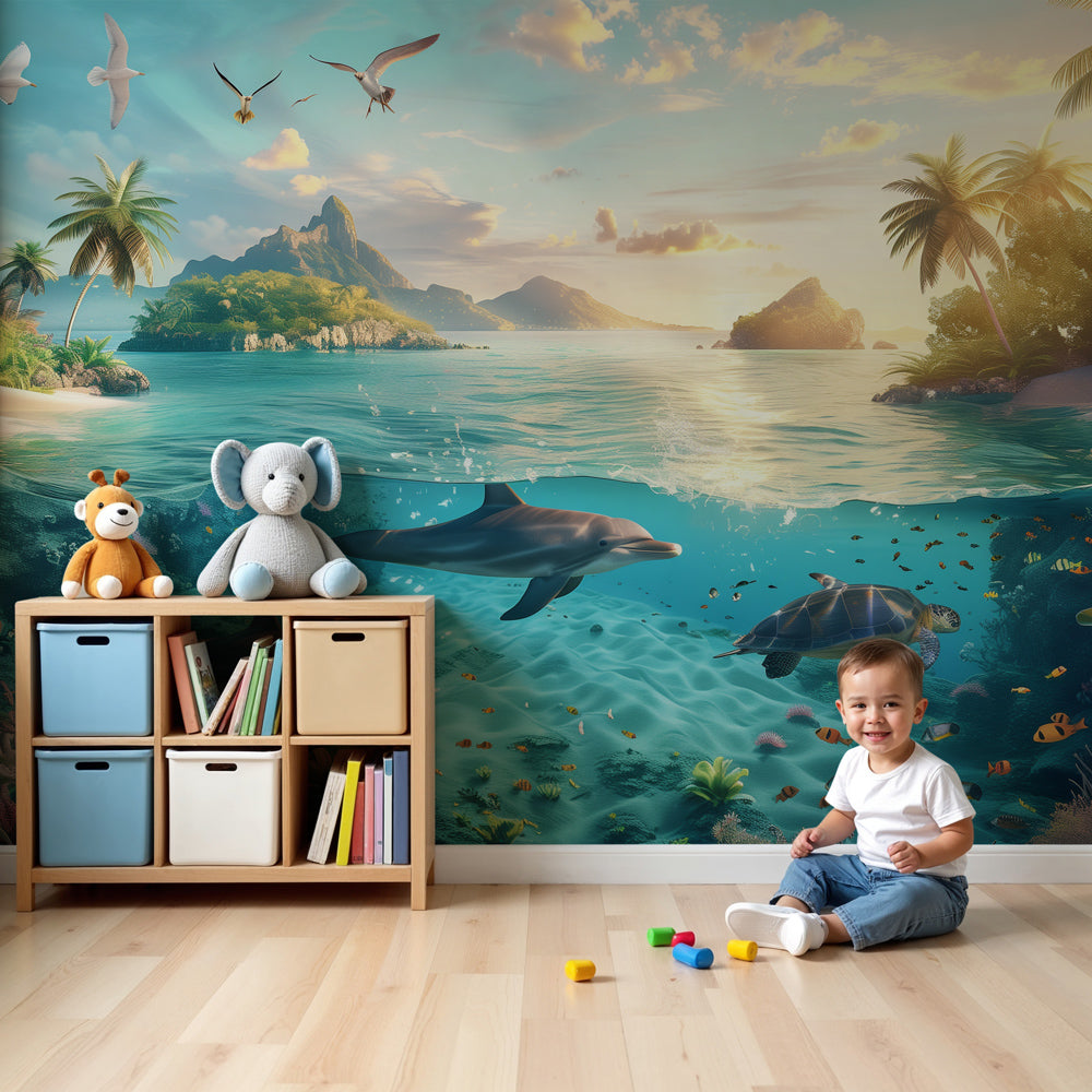 Tropical island mural wallpaper with dolphins and sunset in modern nursery by Kids-Mundo