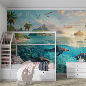 Dolphin mural wallpaper transforming kids playroom into tropical paradise by Kids-Mundo
