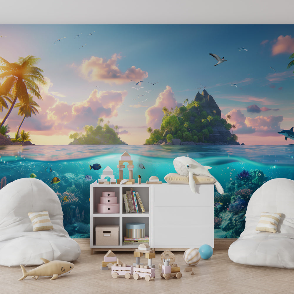 Sunny tropical island wallpaper with blue ocean theme in children's playroom
