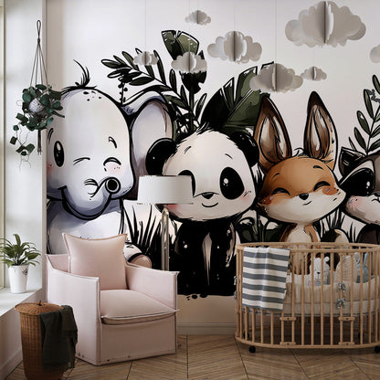 Kids-Mundo tropical jungle wall mural with panda and fox shown in a children's bedroom