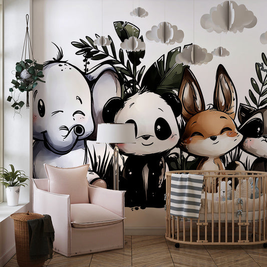 Kids-Mundo tropical jungle wall mural with panda and fox shown in a children's bedroom