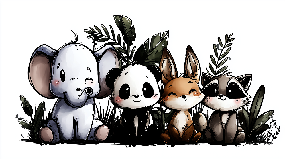 Kids-Mundo flat artwork of tropical jungle animals including an elephant, panda and fox