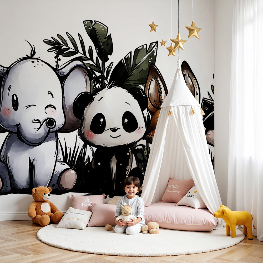Kids-Mundo jungle animal wall mural with elephant and panda shown in a soft nursery room