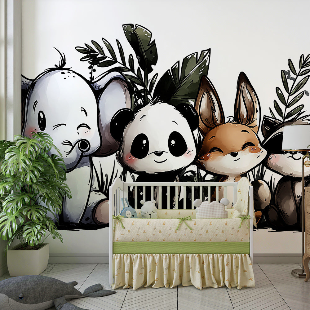 Kids-Mundo jungle animal wall mural with raccoon and elephant shown in a bright playroom