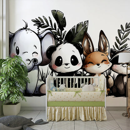 Kids-Mundo jungle animal wall mural with raccoon and elephant shown in a bright playroom