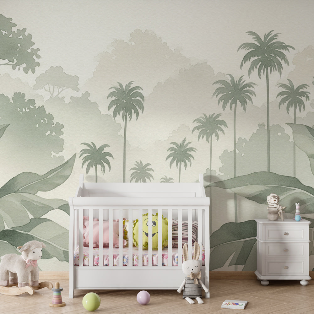 Soothing tropical wallpaper with palm leaves in modern baby bedroom decor