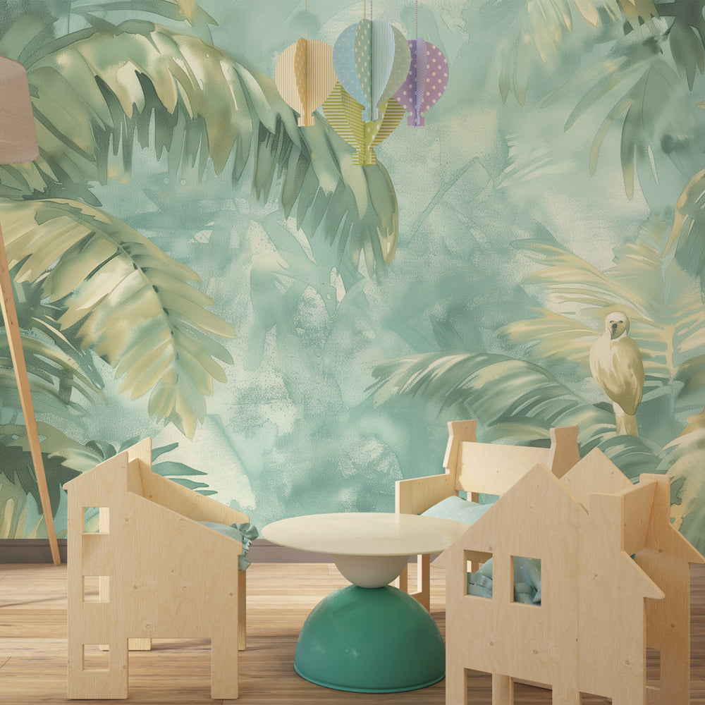 Lush green jungle mural wallpaper creating botanical kids bedroom decor with parrot details