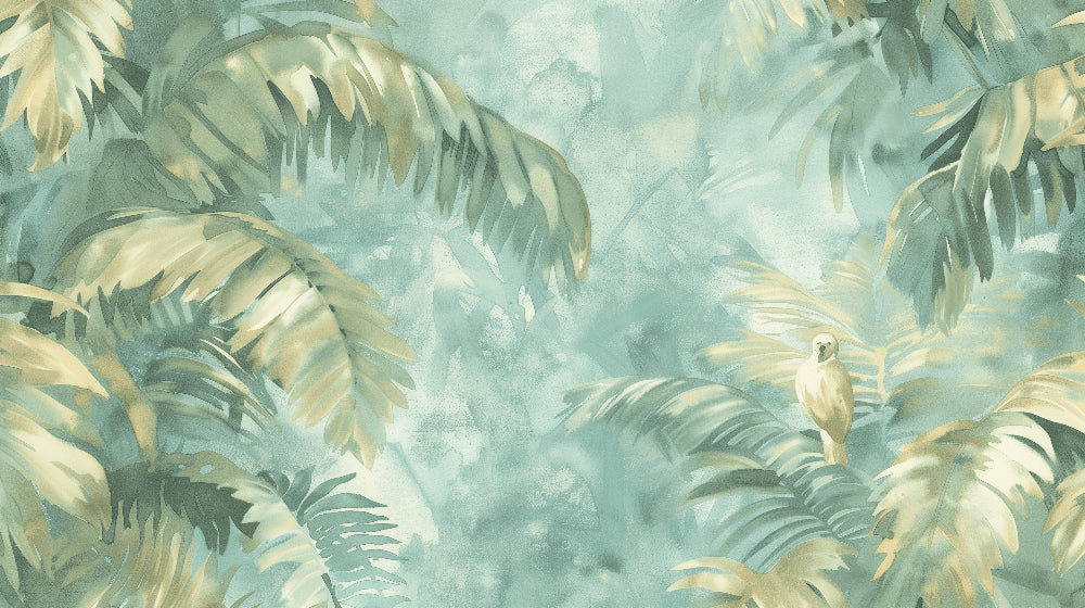 Detailed tropical jungle watercolor mural wallpaper design pattern with foliage and parrot by Kids-Mundo