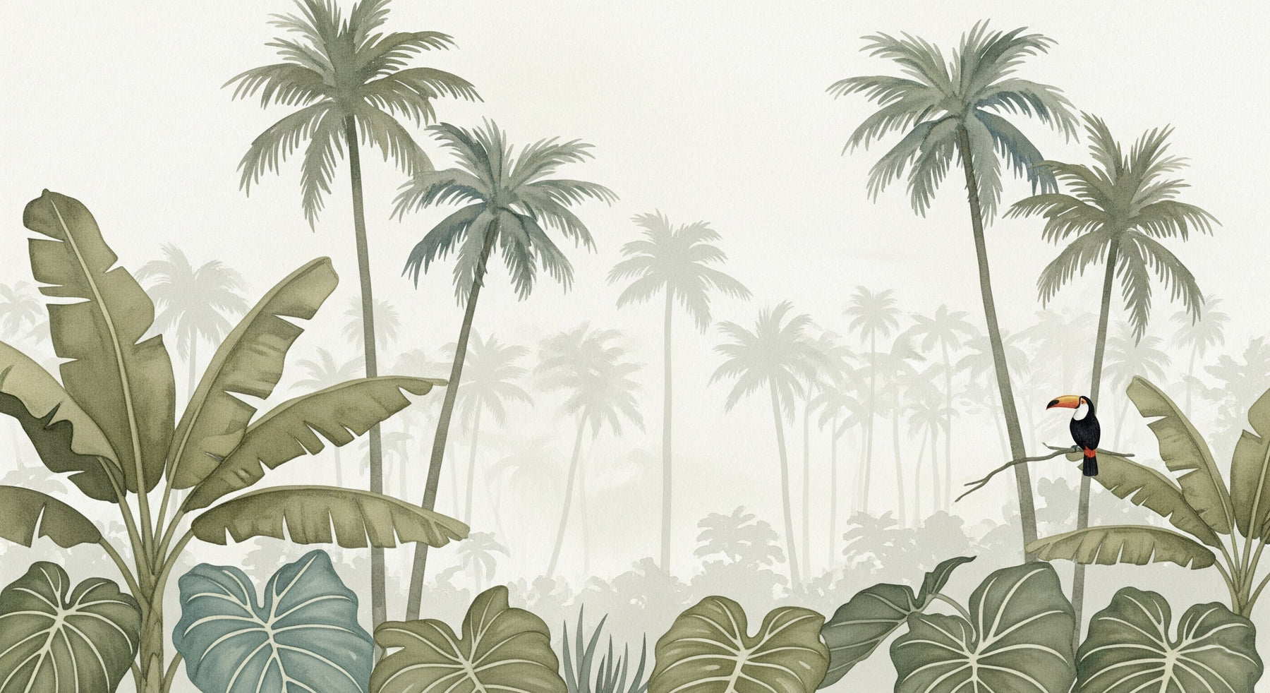Detailed tropical jungle mural wallpaper design pattern featuring toucan and exotic foliage by Kids-Mundo