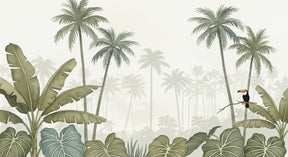 Detailed tropical jungle mural wallpaper design pattern featuring toucan and exotic foliage by Kids-Mundo