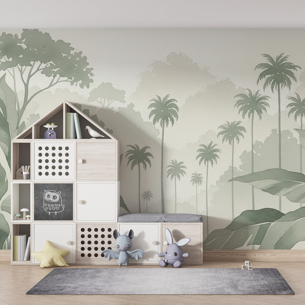 Green tropical mural wallpaper featuring calming botanical design for children's rooms