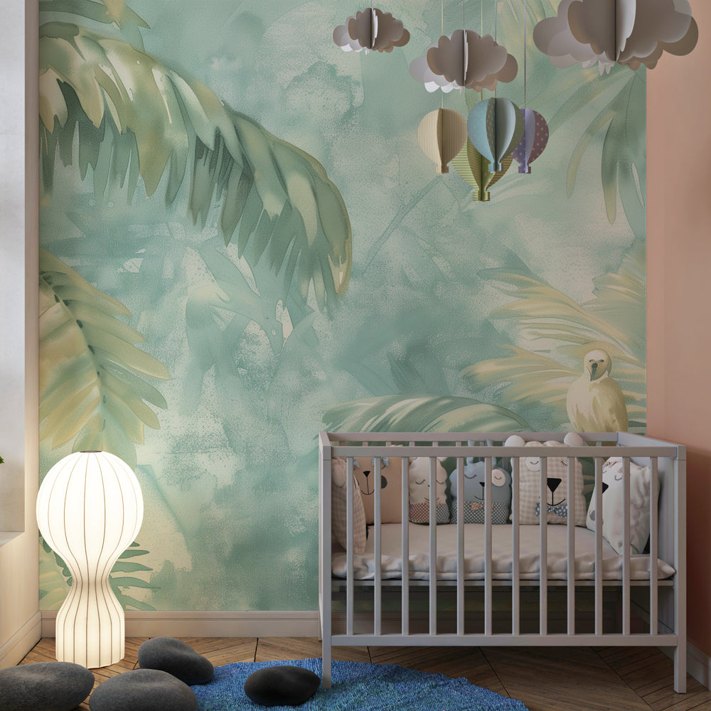 Watercolor jungle wallpaper transforming children's playroom into tropical paradise adventure space
