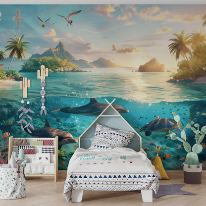Kids-Mundo dolphin and sea turtle lagoon wall mural installed behind a bed in a children's bedroom