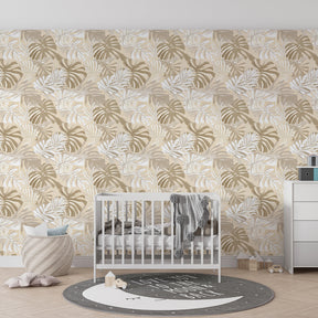 Soft neutral tropical leaf wallpaper in modern kids bedroom with natural wood furniture by Kids-Mundo