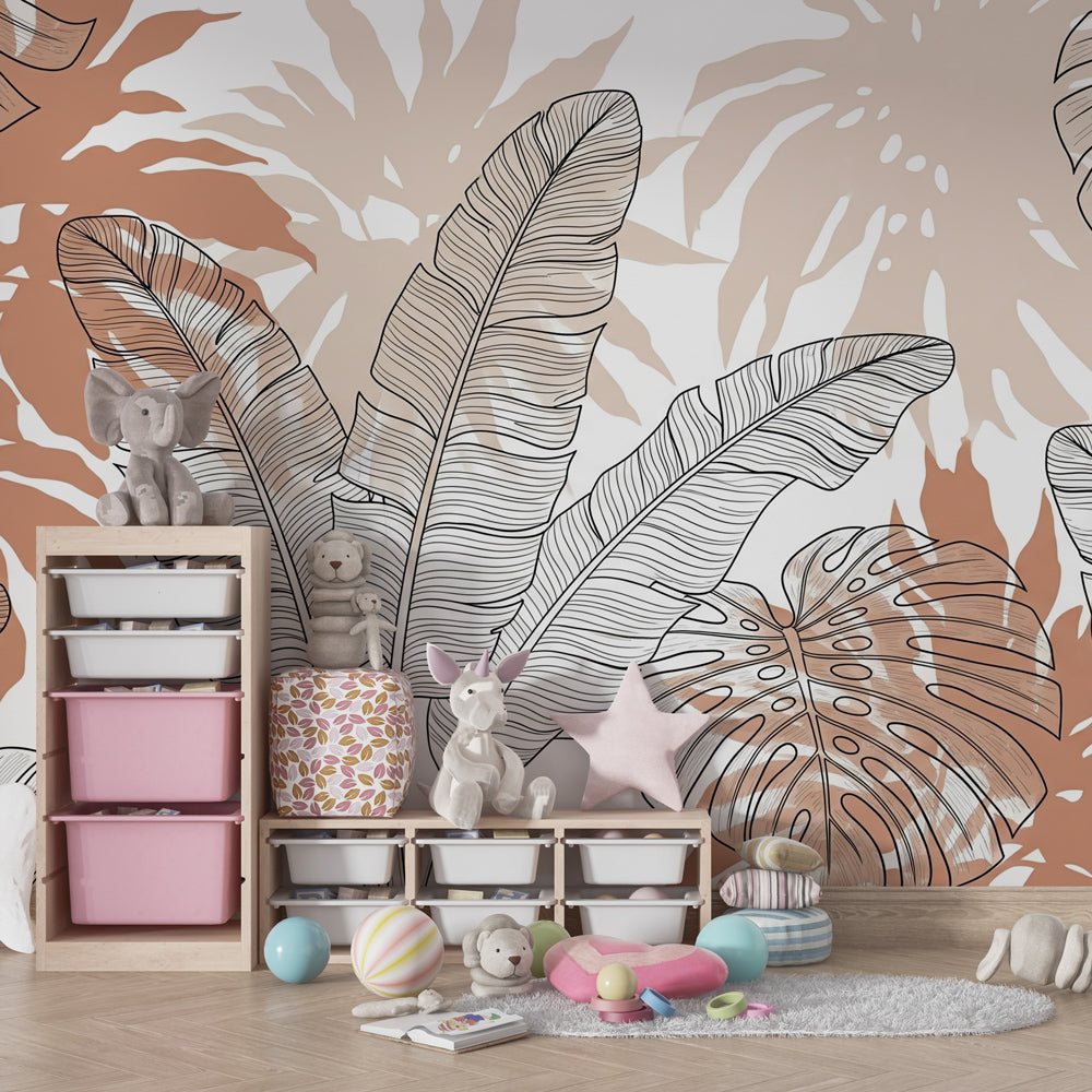 Soft botanical wallpaper creating serene children's bedroom with earth tone decor
