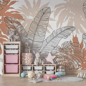 Soft botanical wallpaper creating serene children's bedroom with earth tone decor