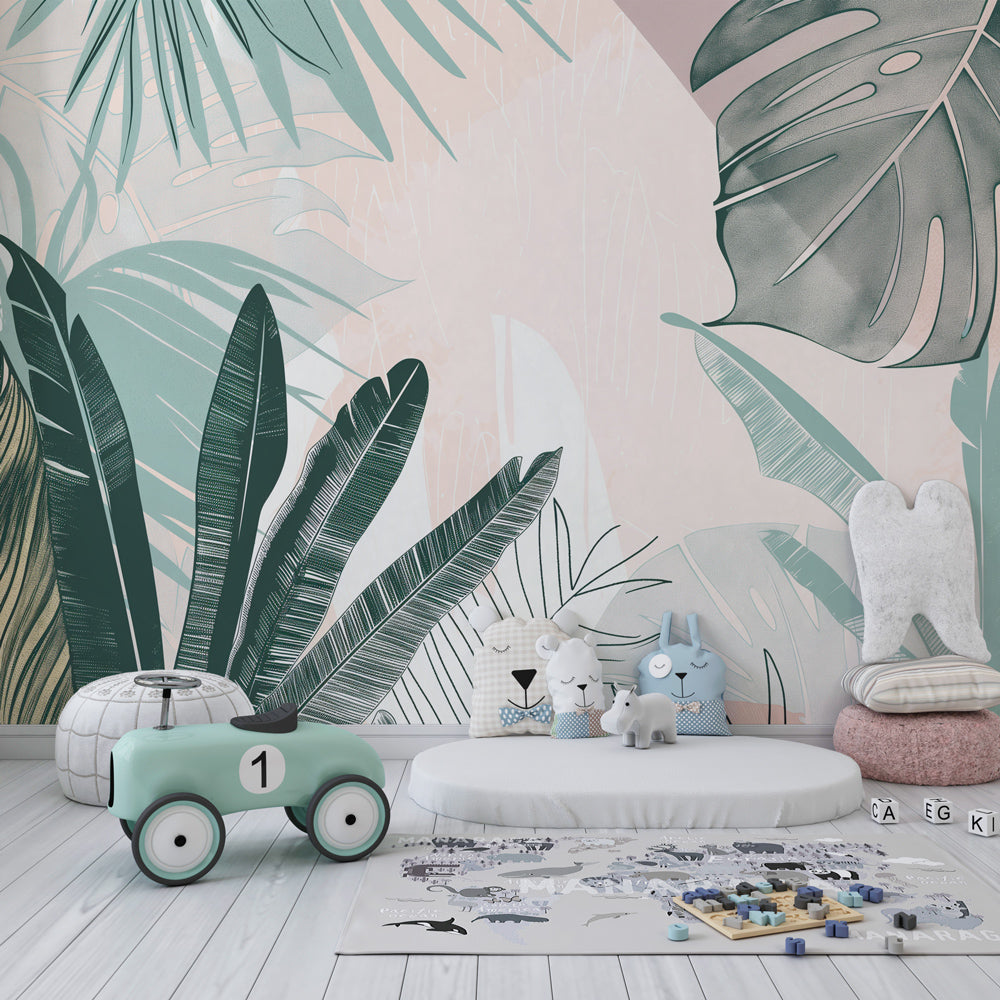 Pastel tropical botanical wallpaper creating serene kids bedroom atmosphere with natural decor