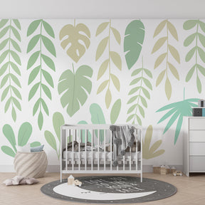 Green botanical wallpaper in modern kids bedroom with natural wood furniture