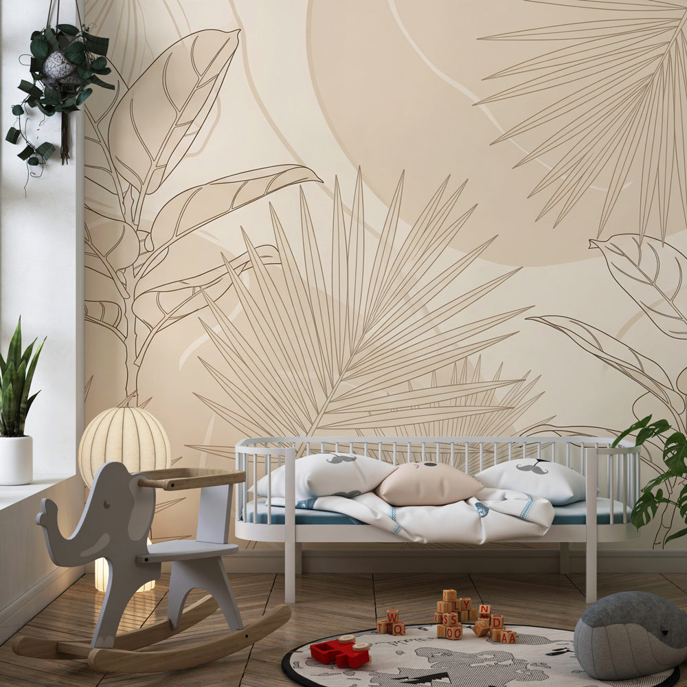 Minimalist tropical wallpaper with leaf patterns in modern kids bedroom setting