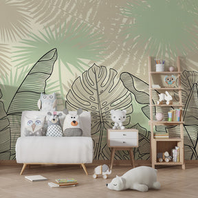 Green outline tropical leaves wallpaper in modern children's bedroom setting