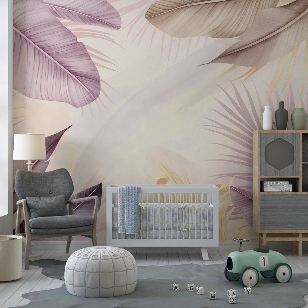 Botanical tropical leaves wallpaper creating serene kids bedroom decor with gentle purple tones