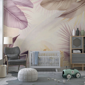 Botanical tropical leaves wallpaper creating serene kids bedroom decor with gentle purple tones
