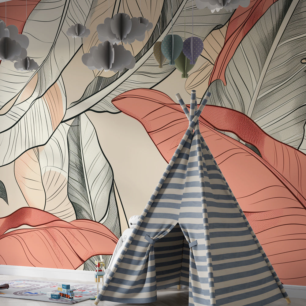 Botanical tricolor wallpaper creating serene children's bedroom decor with natural leaf patterns