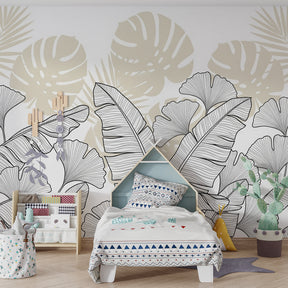 Botanical tropical leaves wallpaper creating serene kids bedroom decor with beige background