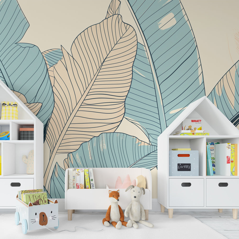 Botanical mural wallpaper transforming kids bedroom into peaceful nature sanctuary with tropical leaf design