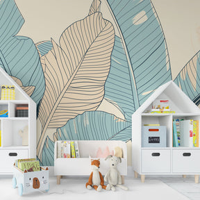 Botanical mural wallpaper transforming kids bedroom into peaceful nature sanctuary with tropical leaf design
