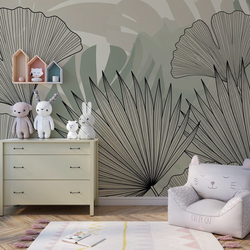 Abstract green tropical wallpaper in stylish children's bedroom with natural wood furniture