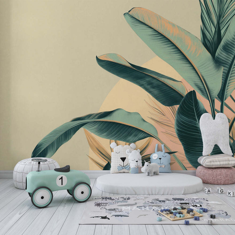 Soft green tropical leaves wallpaper creating calming atmosphere in children's bedroom
