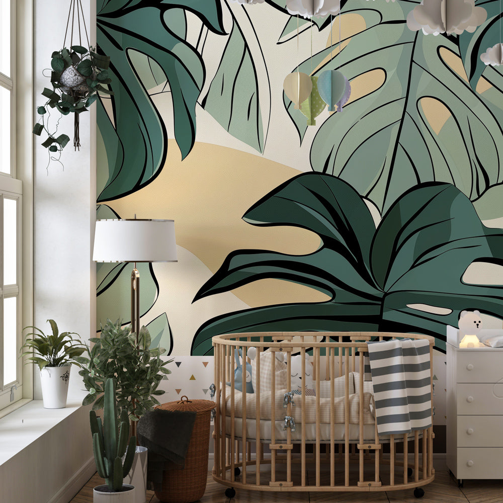 Green monstera botanical wallpaper creating serene kids bedroom atmosphere with beige tones