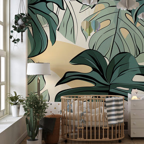 Green monstera botanical wallpaper creating serene kids bedroom atmosphere with beige tones