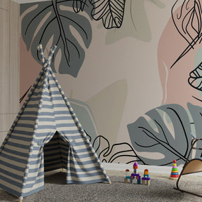 Botanical mural wallpaper with mint and pink tones in children's bedroom setting