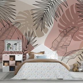 Linear tropical foliage wallpaper creating serene atmosphere in children's bedroom decor