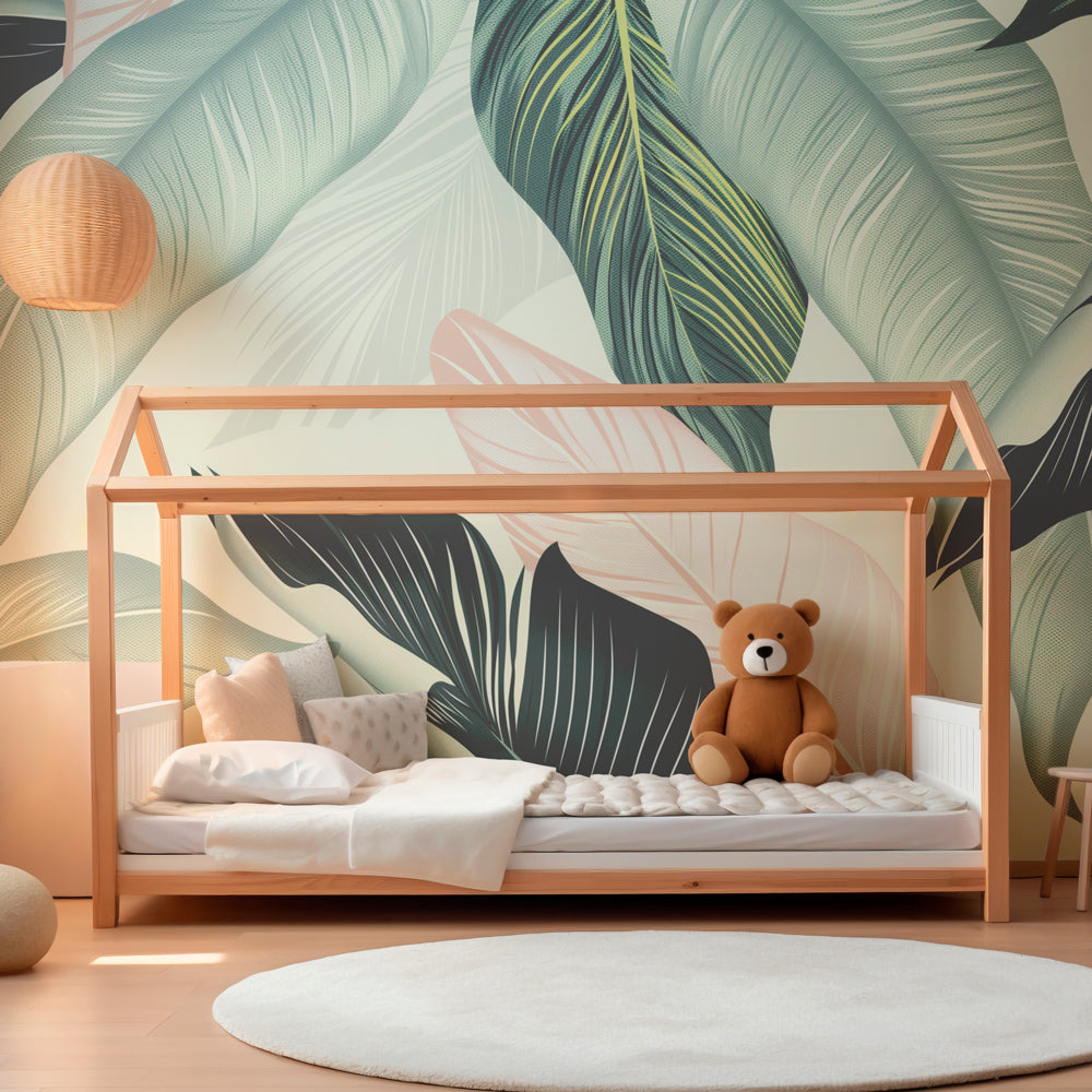 Green botanical mural wallpaper creating peaceful children's bedroom atmosphere