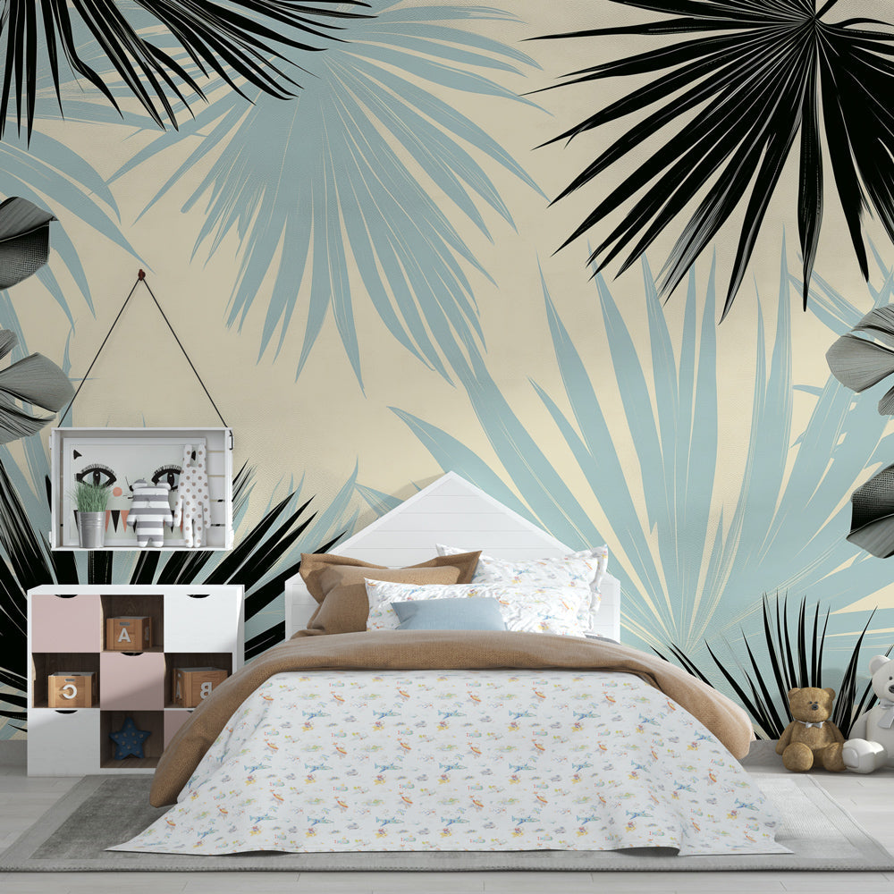 Navy blue tropical foliage wallpaper creating botanical sanctuary in children's bedroom