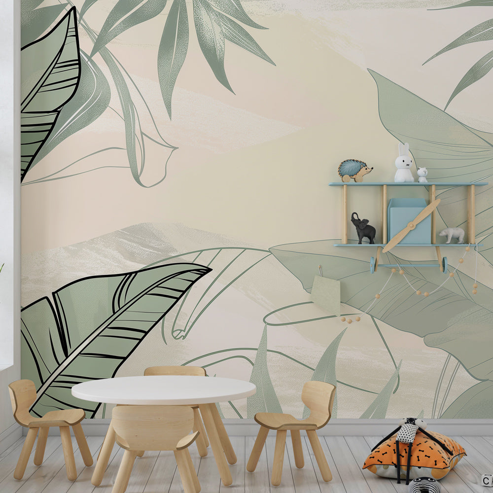 Botanical leaf wallpaper creating serene atmosphere in children's bedroom with natural decor