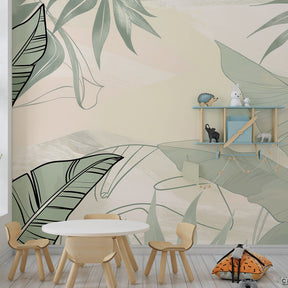 Botanical leaf wallpaper creating serene atmosphere in children's bedroom with natural decor