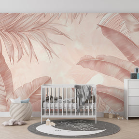 Pink botanical mural wallpaper creating calming atmosphere in children's bedroom by Kids-Mundo