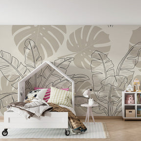 Beige tropical botanical wallpaper creating serene atmosphere in children's bedroom decor